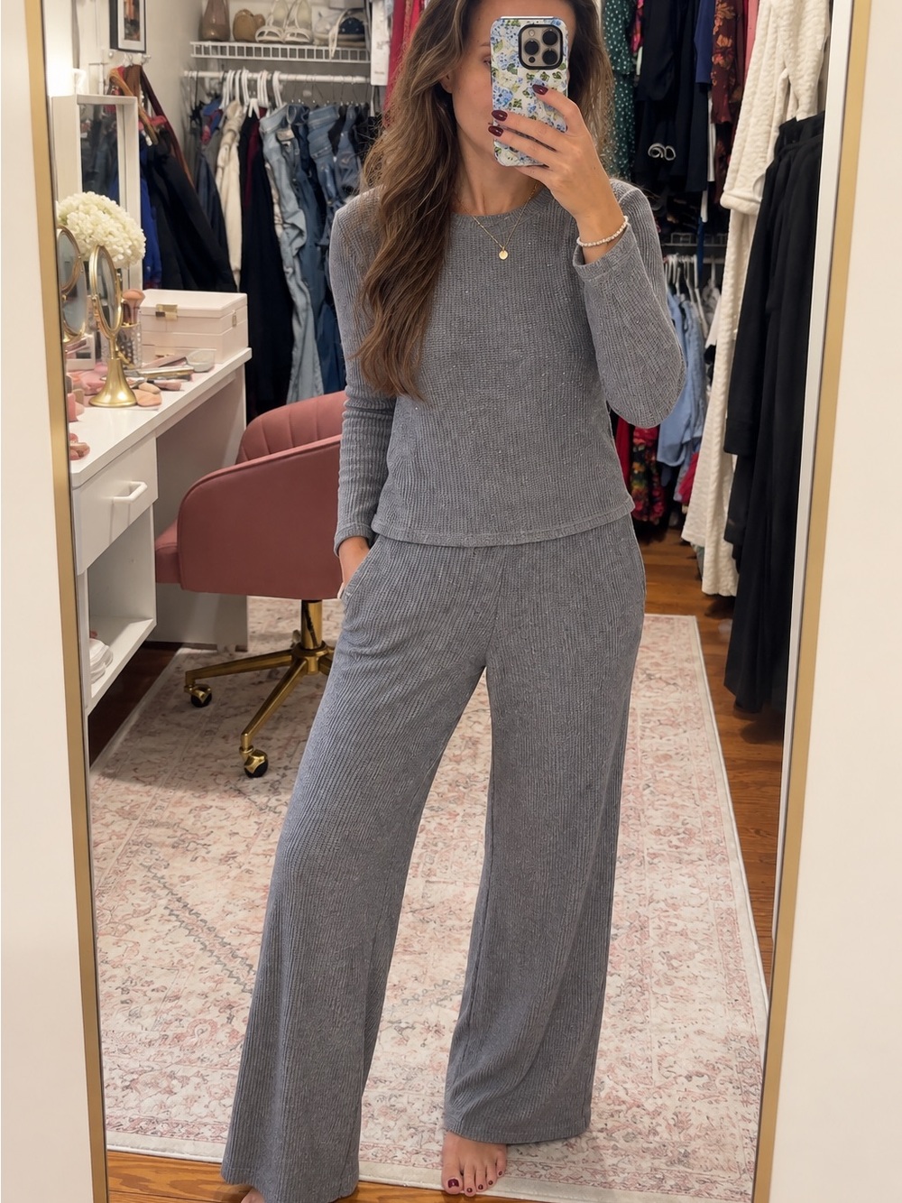 Express Studio Gray Metallic Ribbed Knit Matching Set XS